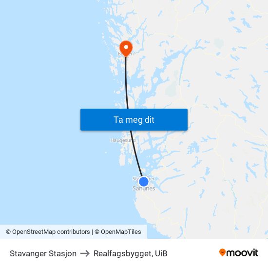 Stavanger Stasjon to Realfagsbygget, UiB map