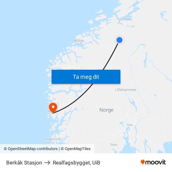 Berkåk Stasjon to Realfagsbygget, UiB map