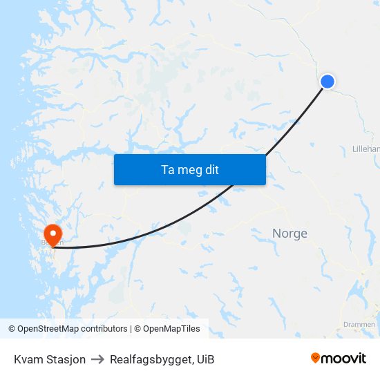 Kvam Stasjon to Realfagsbygget, UiB map