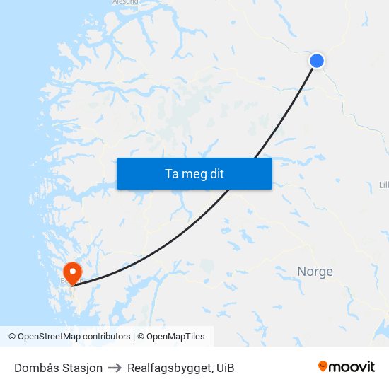 Dombås Stasjon to Realfagsbygget, UiB map