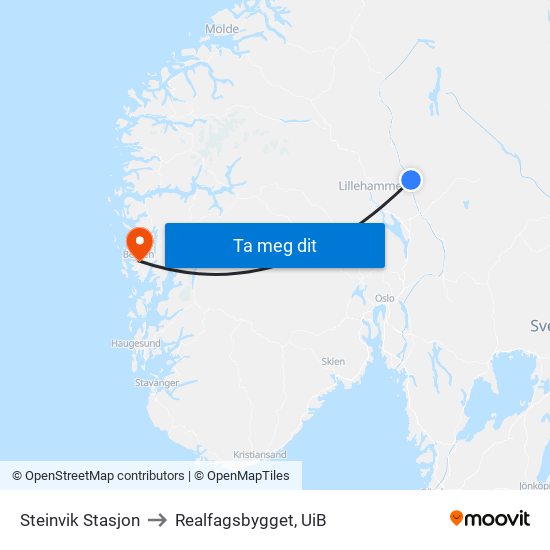 Steinvik Stasjon to Realfagsbygget, UiB map