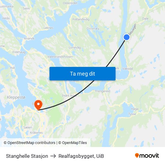 Stanghelle Stasjon to Realfagsbygget, UiB map