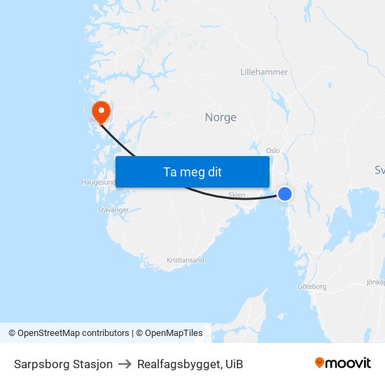 Sarpsborg Stasjon to Realfagsbygget, UiB map