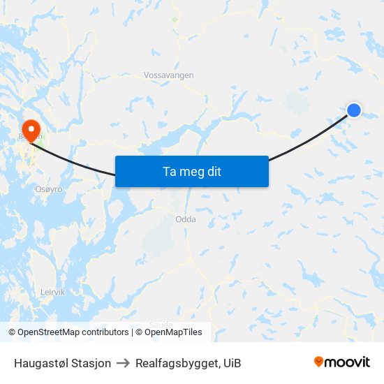 Haugastøl Stasjon to Realfagsbygget, UiB map