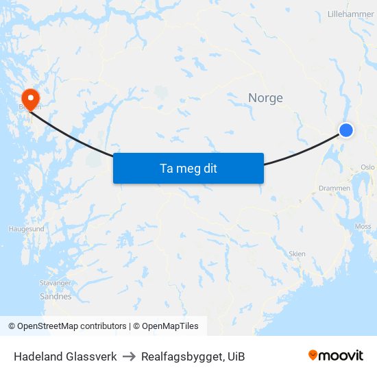 Hadeland Glassverk to Realfagsbygget, UiB map