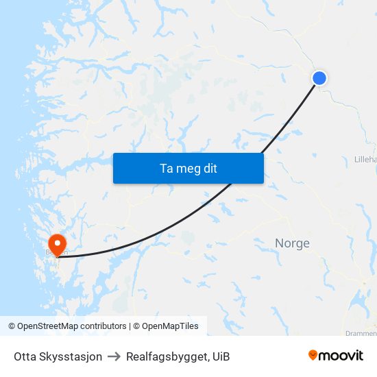 Otta Skysstasjon to Realfagsbygget, UiB map