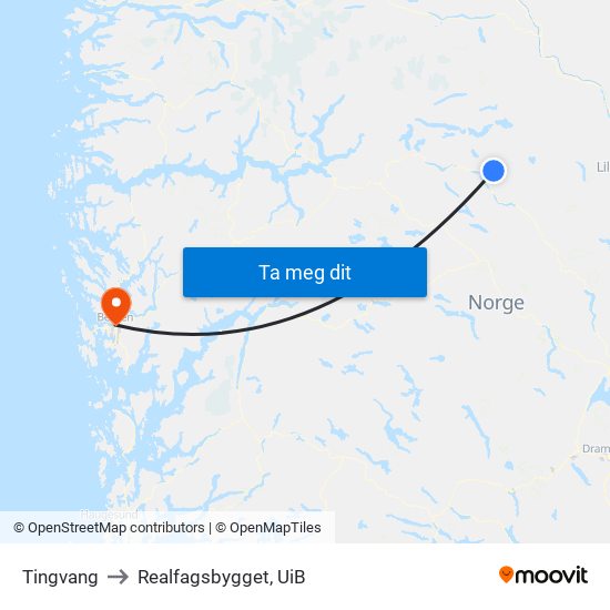 Tingvang to Realfagsbygget, UiB map