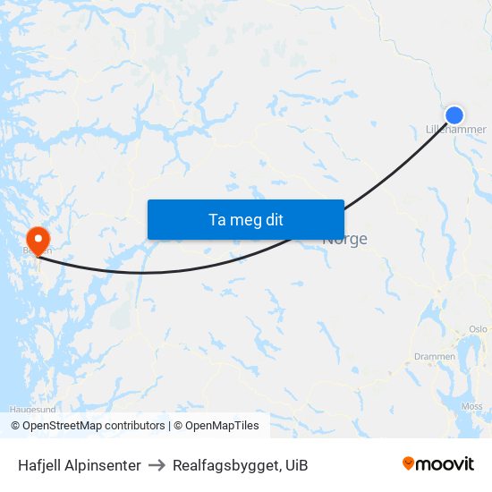 Hafjell Alpinsenter to Realfagsbygget, UiB map