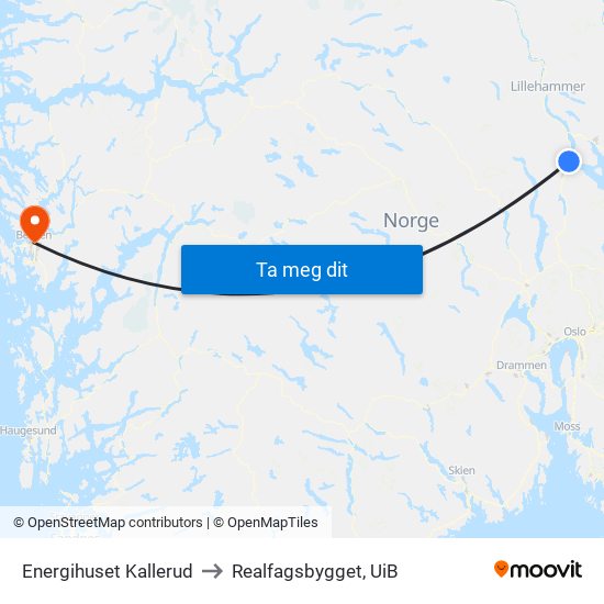 Energihuset Kallerud to Realfagsbygget, UiB map