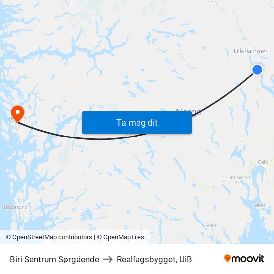 Biri Sentrum Sørgående to Realfagsbygget, UiB map