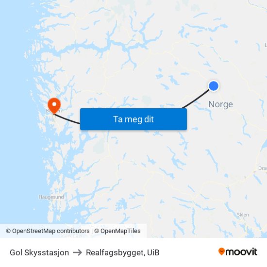 Gol Skysstasjon to Realfagsbygget, UiB map