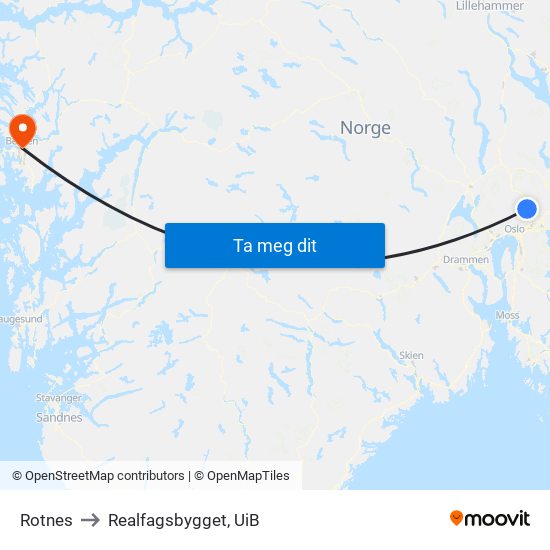 Rotnes to Realfagsbygget, UiB map