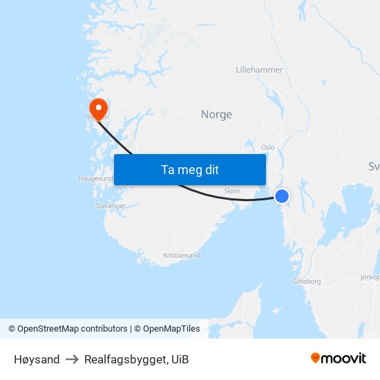Høysand to Realfagsbygget, UiB map
