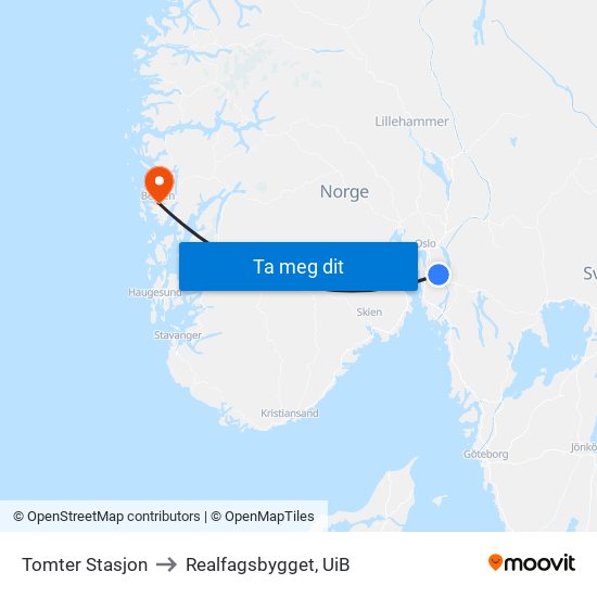 Tomter Stasjon to Realfagsbygget, UiB map