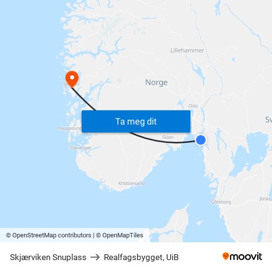 Skjærviken Snuplass to Realfagsbygget, UiB map
