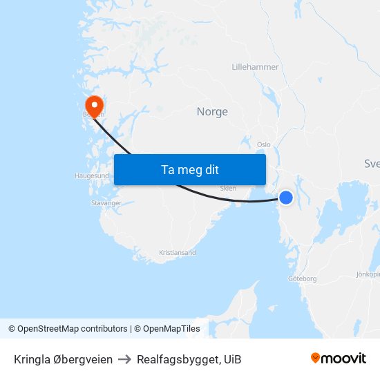 Kringla Øbergveien to Realfagsbygget, UiB map