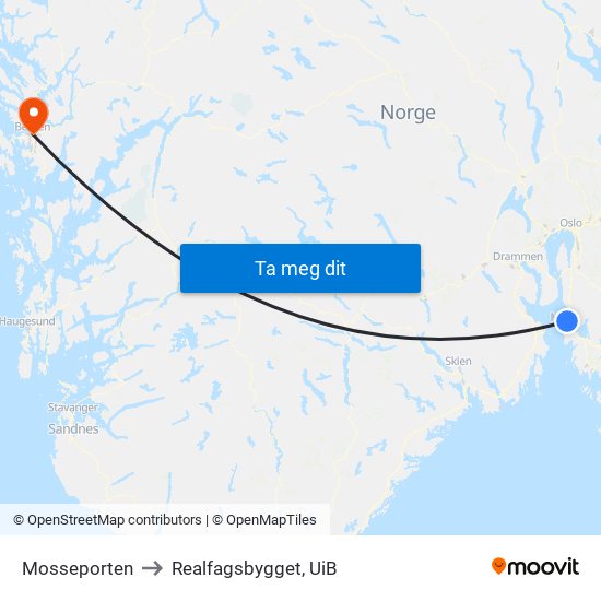 Mosseporten to Realfagsbygget, UiB map