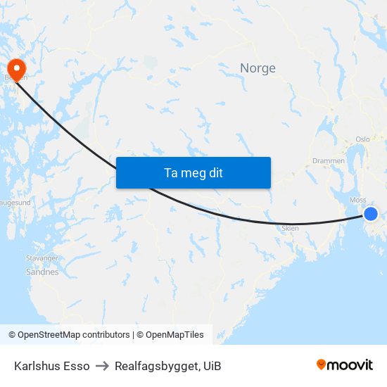 Karlshus Esso to Realfagsbygget, UiB map