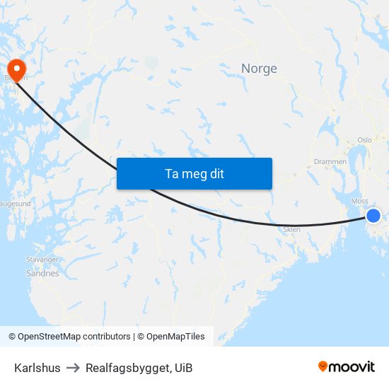 Karlshus to Realfagsbygget, UiB map