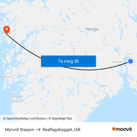 Myrvoll Stasjon to Realfagsbygget, UiB map