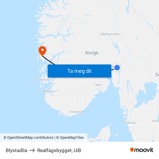 Blystadlia to Realfagsbygget, UiB map