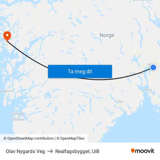 Olav Nygards Veg to Realfagsbygget, UiB map