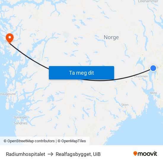 Radiumhospitalet to Realfagsbygget, UiB map