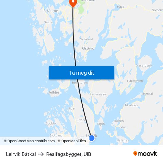 Leirvik Båtkai to Realfagsbygget, UiB map