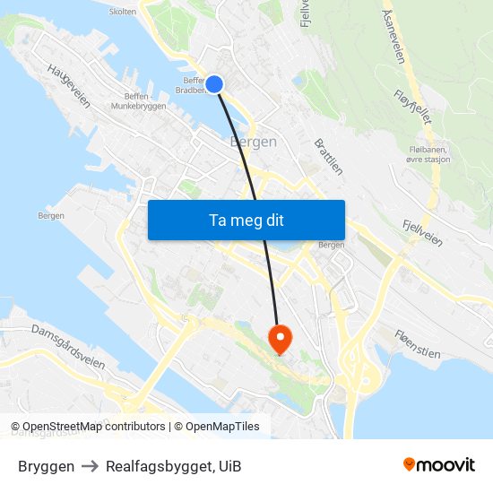 Bryggen to Realfagsbygget, UiB map