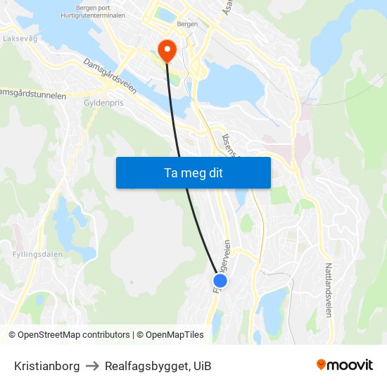 Kristianborg to Realfagsbygget, UiB map
