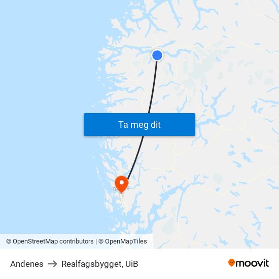 Andenes to Realfagsbygget, UiB map