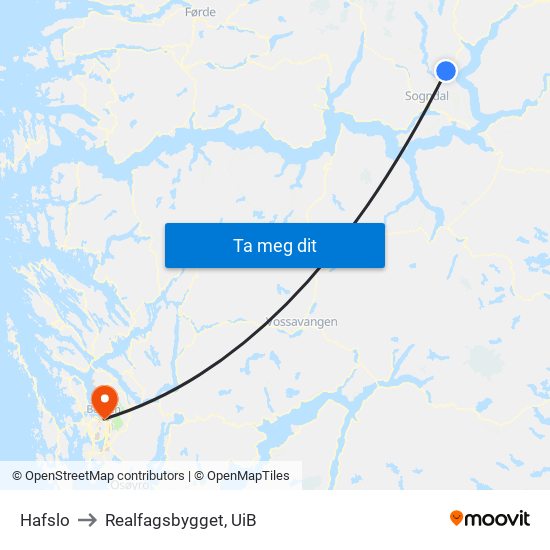 Hafslo to Realfagsbygget, UiB map