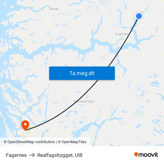 Fagernes to Realfagsbygget, UiB map