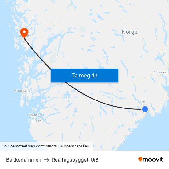 Bakkedammen to Realfagsbygget, UiB map