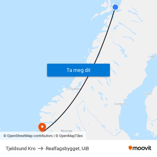 Tjeldsund Kro to Realfagsbygget, UiB map
