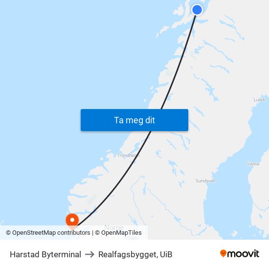 Harstad Byterminal to Realfagsbygget, UiB map