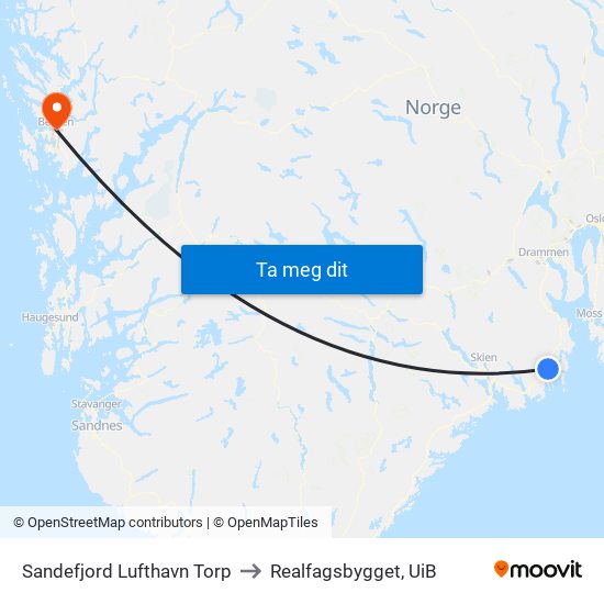 Sandefjord Lufthavn Torp to Realfagsbygget, UiB map