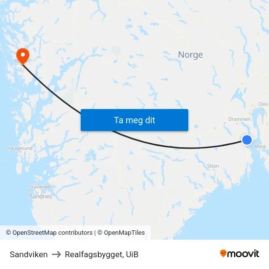 Sandviken to Realfagsbygget, UiB map