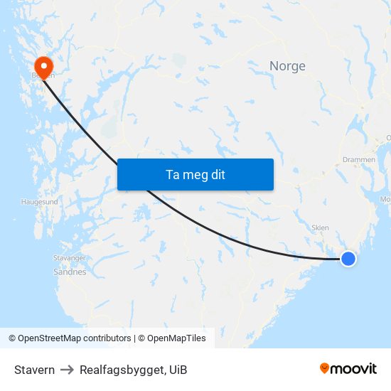 Stavern to Realfagsbygget, UiB map