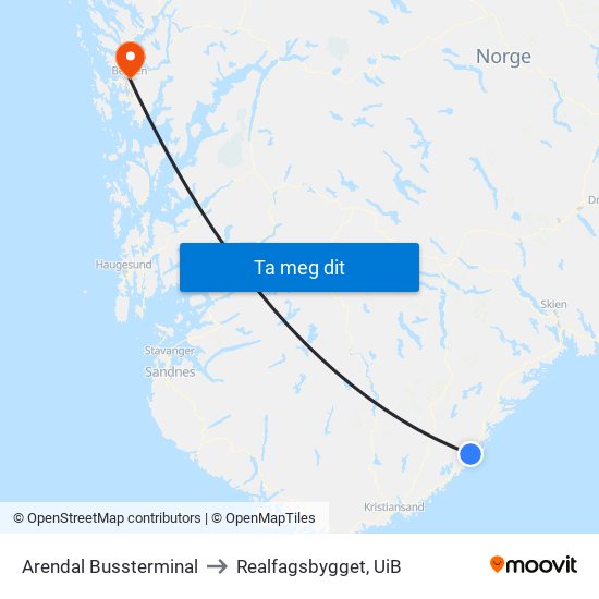 Arendal Bussterminal to Realfagsbygget, UiB map