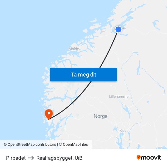 Pirbadet to Realfagsbygget, UiB map