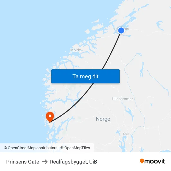 Prinsens Gate to Realfagsbygget, UiB map