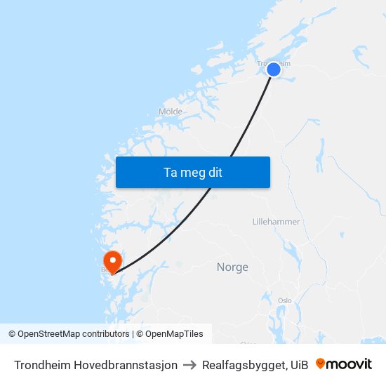 Trondheim Hovedbrannstasjon to Realfagsbygget, UiB map