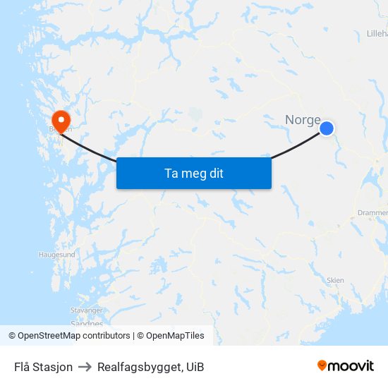 Flå Stasjon to Realfagsbygget, UiB map