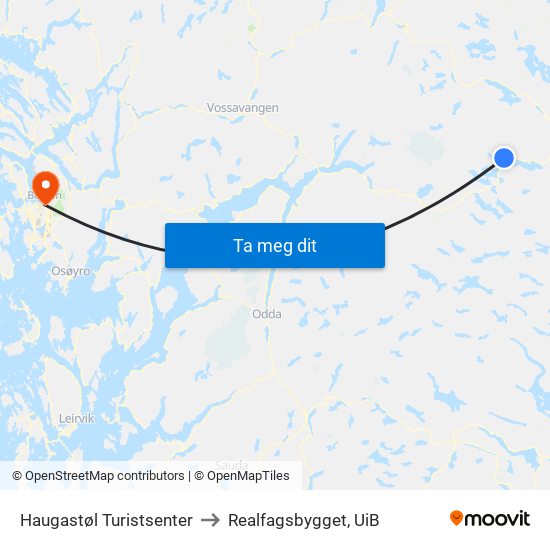 Haugastøl Turistsenter to Realfagsbygget, UiB map