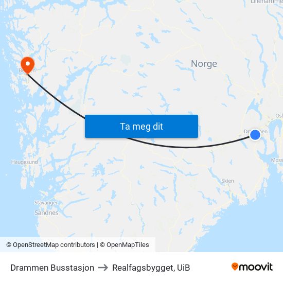 Drammen Busstasjon to Realfagsbygget, UiB map