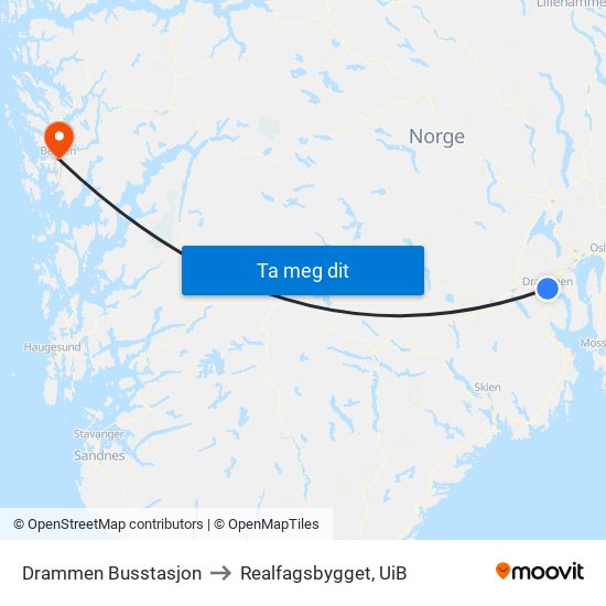 Drammen Busstasjon to Realfagsbygget, UiB map
