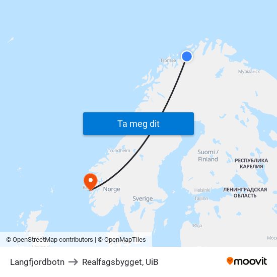 Langfjordbotn to Realfagsbygget, UiB map