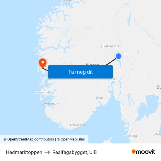Hedmarktoppen to Realfagsbygget, UiB map