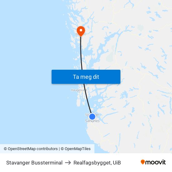 Stavanger Bussterminal to Realfagsbygget, UiB map